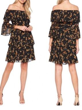 Bardot Ditsy Pleaded Black Off-Shoulder Floral Tiered Mini Dress